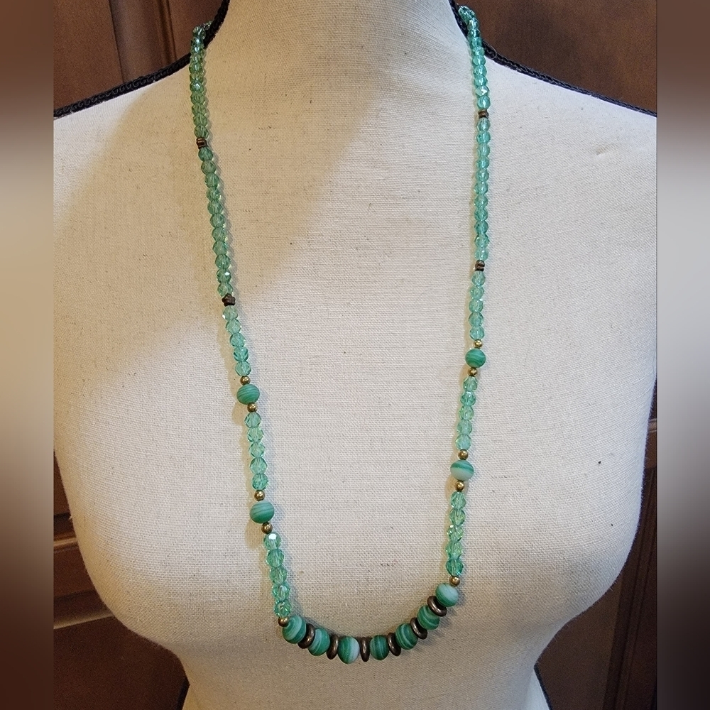 Vintage Aqua Green Glass Beaded Necklace Decorative Box Clasp 30”